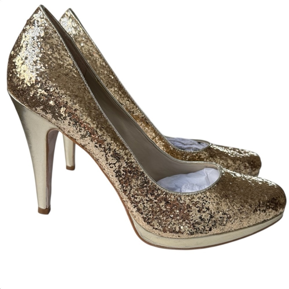 Nine West Rocha Gold Glitter Cushioned Pumps Women’s Size 9 Stiletto Heels Glam - Picture 2 of 16